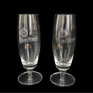 SET OF 2 Pilsner Urquell Embossed Tall Stemmed Footed Clear Beer Glass 0.4 L